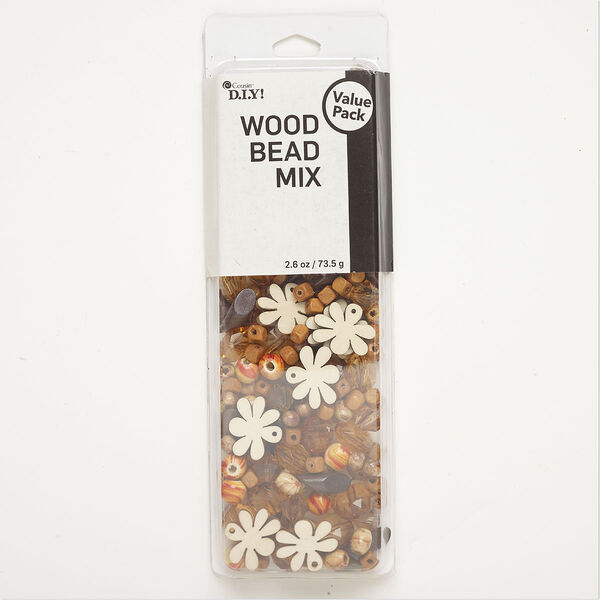 Bead and component mix, wood (natural/coated) and acrylic, pkg/2.6 ounces, tan/brown/amber, 6mm-24x20mm mixed shapes. image number 0