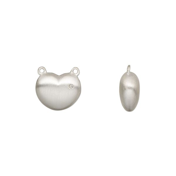 Connector, cubic zirconia and brushed sterling silver, clear, 11x9mm single-sided puffed heart. Sold individually. image number 0