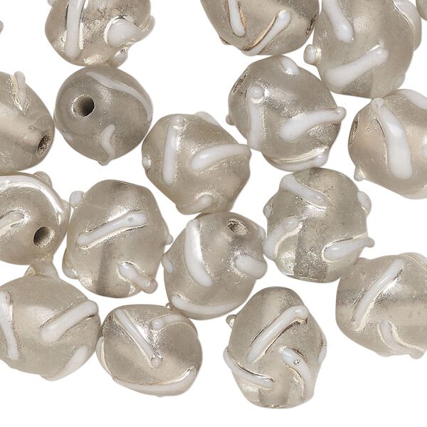 Bead, lampworked glass, translucent clear and silver, 11x9mm oval with swirl design. Sold per 2-ounce pkg, approximately 40 beads. image number 0