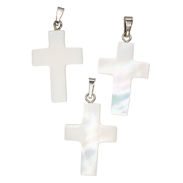 Pendant, mother-of-pearl shell (bleached) / antique silver finish "pewter" (zinc-based alloy) / steel, 23x16mm-31x21mm single-sided carved cross. Sold per pkg of 3. image number 0
