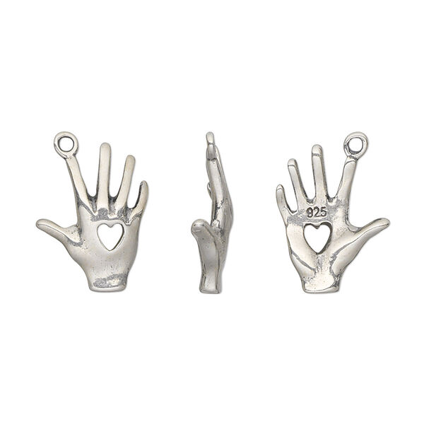 Charm, sterling silver, 17x12mm double-sided hand with cutout of heart. Sold individually. image number 0