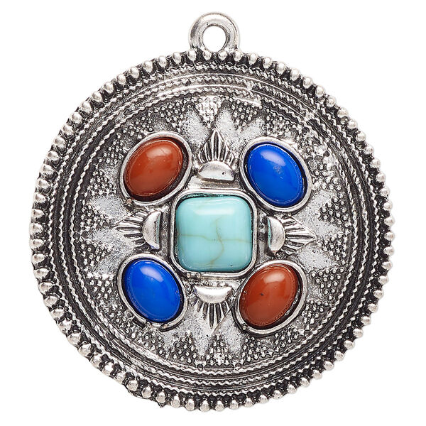 Focal, antique silver-finished "pewter" (zinc-based alloy) and "turquoise" (resin) (imitation), turquoise blue / dark blue / red, 38mm single-sided round. Sold per pkg of 2. image number 0