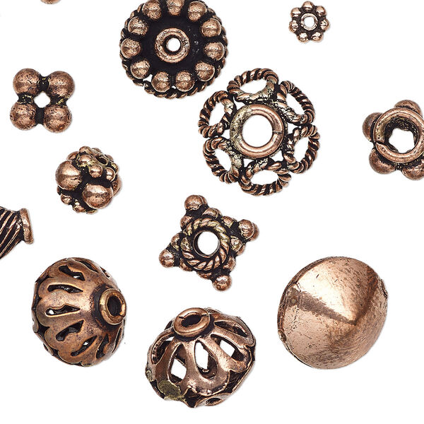 Bead and bead cap, antiqued copper, 5x1mm-18x10mm assorted shape. Sold per pkg of 20. image number 0
