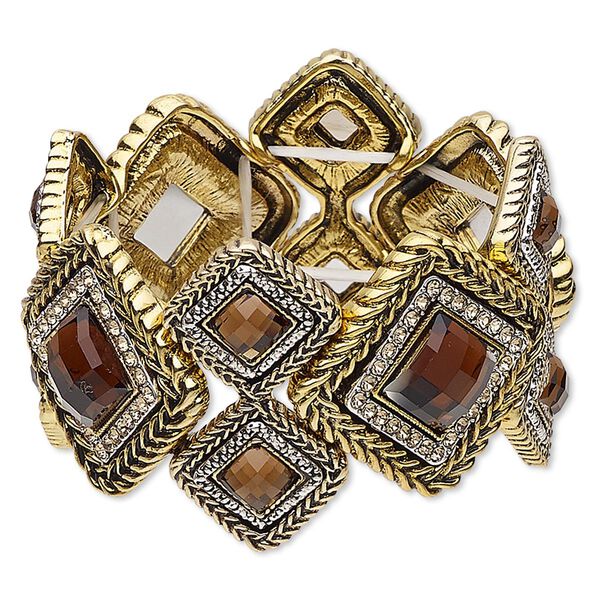 Bracelet, stretch, acrylic / glass rhinestone / antique gold- / silver-finished "pewter" (zinc-based alloy), topaz brown and light topaz brown, 42.5mm wide with diamond design, 6-1/2 inches. Sold individually. image number 0