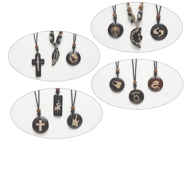 Necklace mix, bone / wood / cotton (dyed), black / brown / green, 3-inch dangle with 30-40mm mixed shape pendant and accent beads, adjustable 34-inch waxed cotton cord. Sold per pkg of 3. image number 0