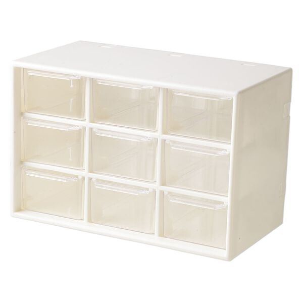 Organizer, plastic, white and clear, 7-1/8 x 4-5/8 x 3-7/8 inches with (9) removable drawers. Sold individually. image number 1