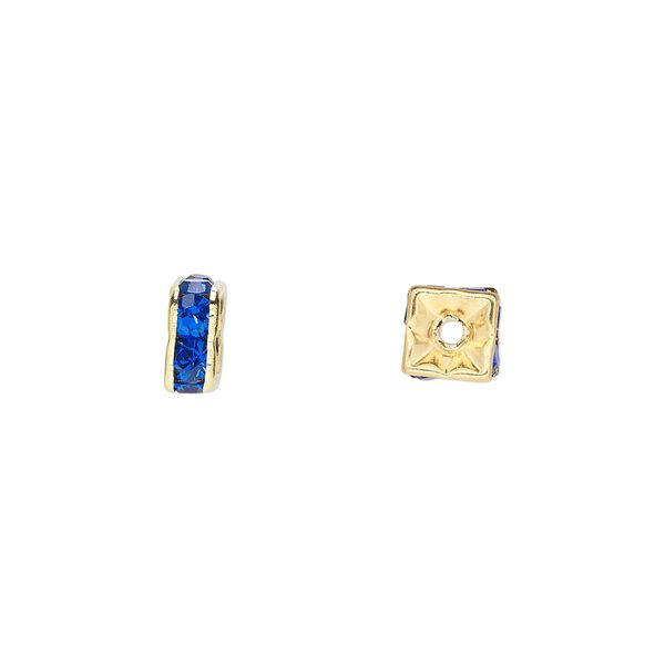 Bead, glass rhinestone and gold-finished brass, sapphire blue, 6x3mm squaredelle. Sold per pkg of 10. image number 0