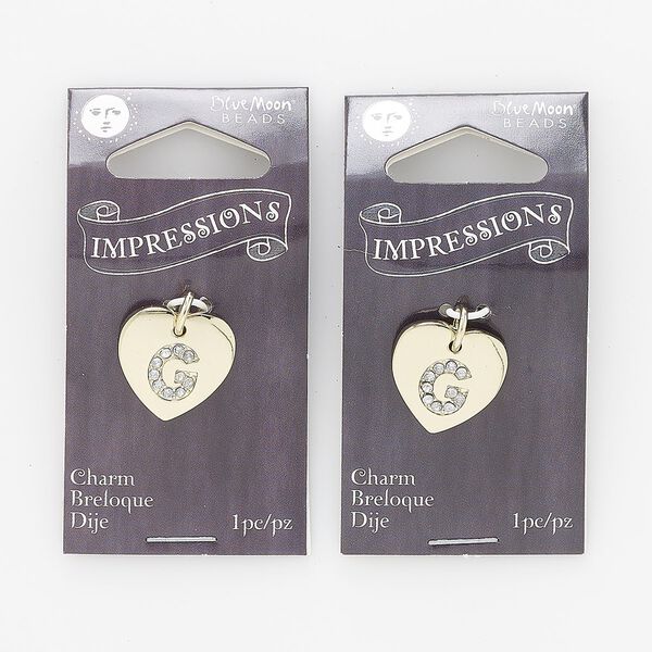 Charm, gold-finished "pewter" (zinc-based alloy) / steel / acrylic rhinestone, clear, 15.5x15mm single-sided puffed heart with letter "G." Sold per pkg of 2. image number 0