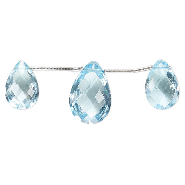 Sky blue topaz 1pkg3, hand-cut top-drilled faceted puffed teardrop bead B+ grade, graduated 12x8mm-15x10mm image number 0