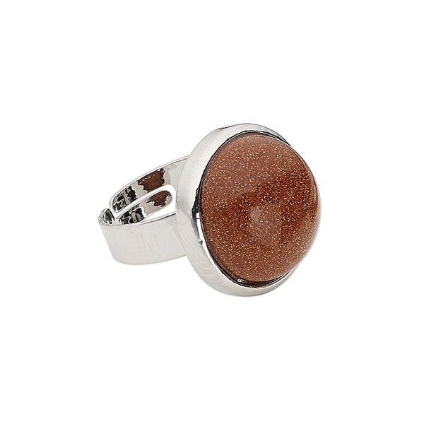 Ring, brown goldstone (manmade) with silver-plated steel and "pewter" (zinc-based alloy), 19-20mm round, adjustable from size 5-9. Sold individually. image number 0