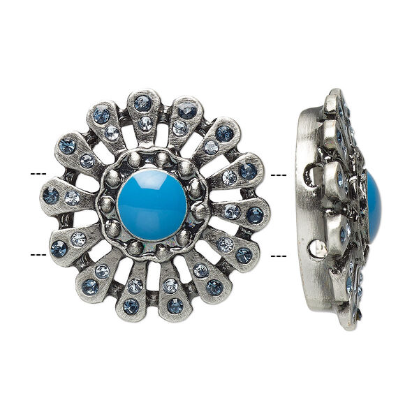 Spacer, antique silver-plated "pewter" (zinc-based alloy)/glass/epoxy, clear and turquoise blue, 21x21mm 2-strand flower with rhinestones, 5mm between holes. Sold per pkg of 2. image number 0