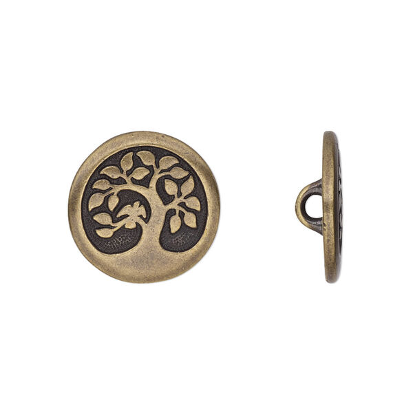 Button, TierraCast®, antique brass-plated pewter (tin-based alloy), 16mm flat round with bird in a tree and closed loop. Sold per pkg of 2. image number 0