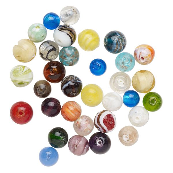 Bead mix, lampworked glass, pkg/4 ounces, opaque to transparent mixed colors with silver-colored foil and copper-colored glitter, 12-17mm round. image number 0