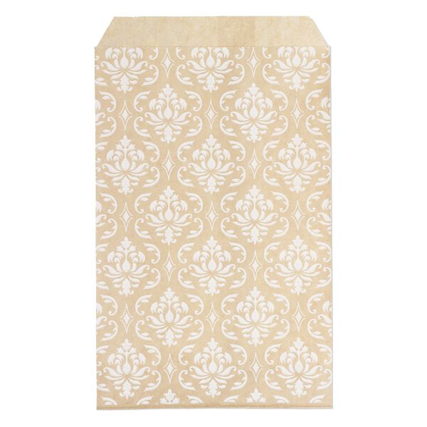 Bag, paper, brown and white, 6x4 inch rectangle with damask-print and scalloped top edge. Sold per pkg of 100. image number 0
