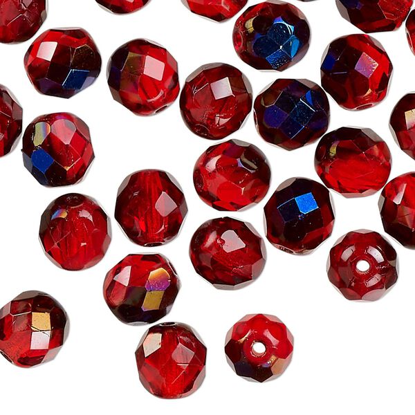 Czech fire-polished glass 1pkg50, faceted round bead mixed opacity half-coated blue iris red 8mm image number 0