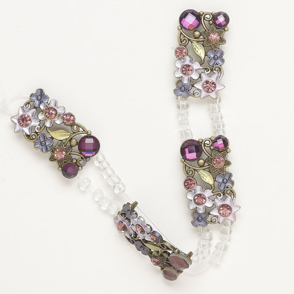Bead, spacer, "pewter" (zinc-based alloy)/glass/ enamel, pkg/4, antique gold finish/opaque purples/green, 31x18mm-32x18mm rectangle. image number 0