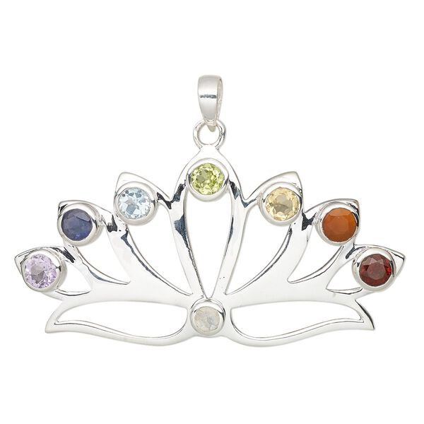 Pendant, multi-gemstone (natural / dyed / heated / irradiated) and sterling silver, 48x24.5mm single-sided lotus. Sold individually. image number 0