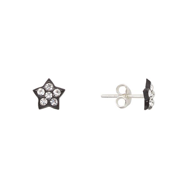 Earstud, Create Compliments®, sterling silver and crystal, black and clear, 7mm star. Sold per pair. image number 0