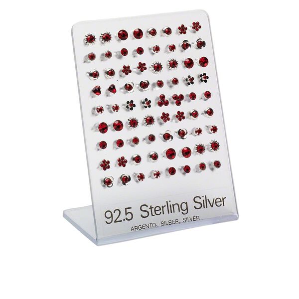 Earring mix, Preciosa glass rhinestone and sterling silver, light Siam, mixed size and shape. Sold per pkg of 36 pairs. image number 0