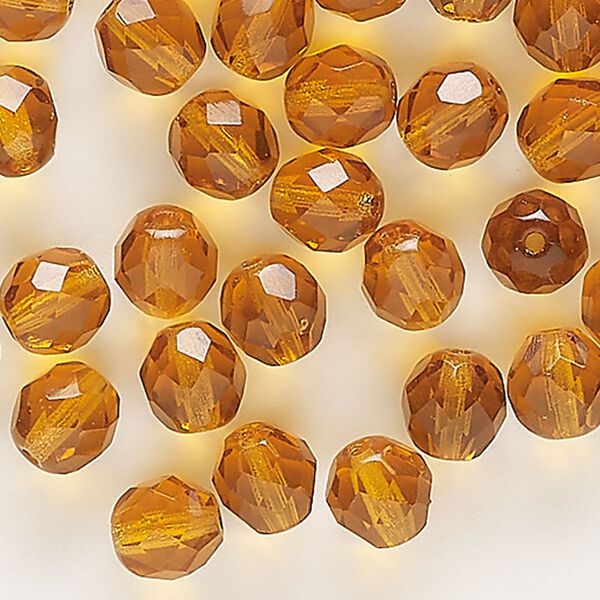 Bead, Czech fire-polished glass, translucent amber, 8mm faceted round. Sold per pkg of 50. image number 0