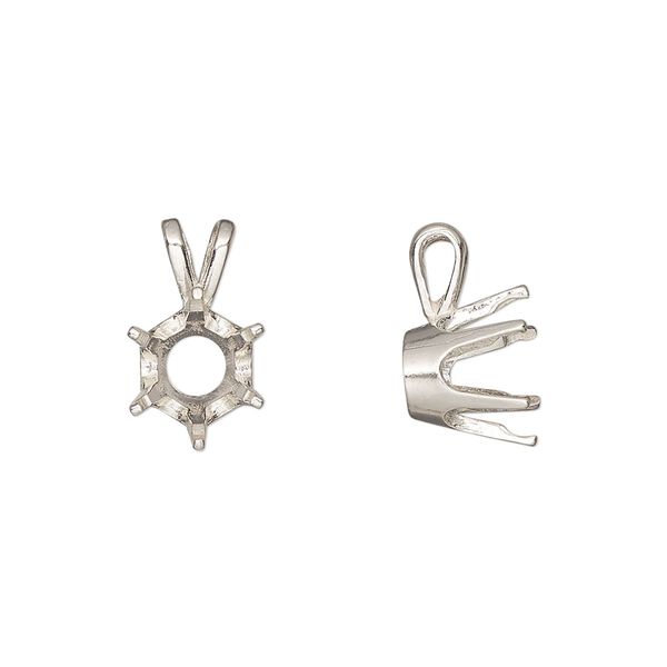 Pendant, Sure-Set™, sterling silver, 9mm pre-notched 6-prong round setting. Sold individually. image number 0