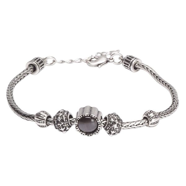 Bracelet, cat's eye glass and antique silver-finished "pewter" (zinc-based alloy), grey, 11.5mm wide, 6-1/2 inches with 1-1/2 inch extender chain and lobster claw clasp. Sold individually. image number 0