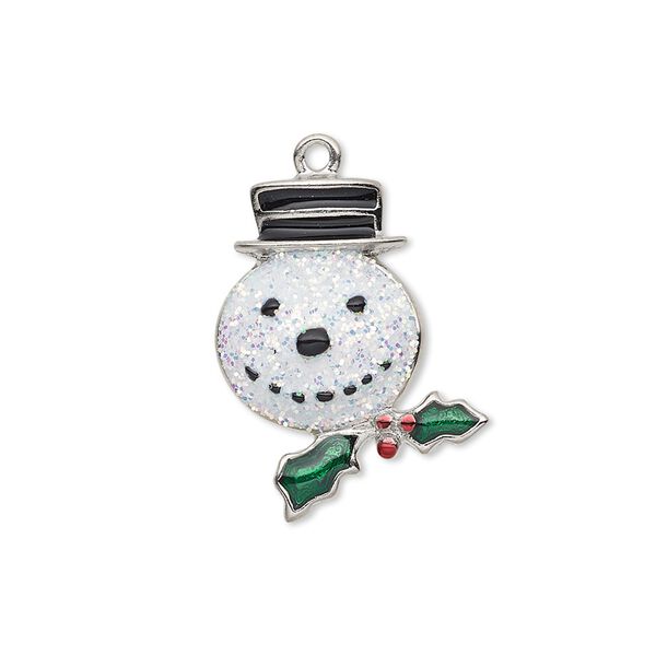 Charm, enamel and silver-plated "pewter" (zinc-based alloy), multicolored with glitter, 23x18mm single-sided snowman head with hat and holly leaves with berries. Sold individually. image number 0