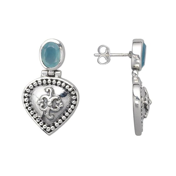 Earring, sterling silver and chalcedony (natural), 8x6mm faceted oval, 30x17mm. Sold per pair. image number 0