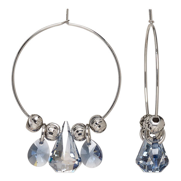 Earring, Everyday Jewelry™, Crystal Passions® and silver-plated "pewter", denim blue, 42mm hoop with teardrops and rounds. Sold per pair. image number 0