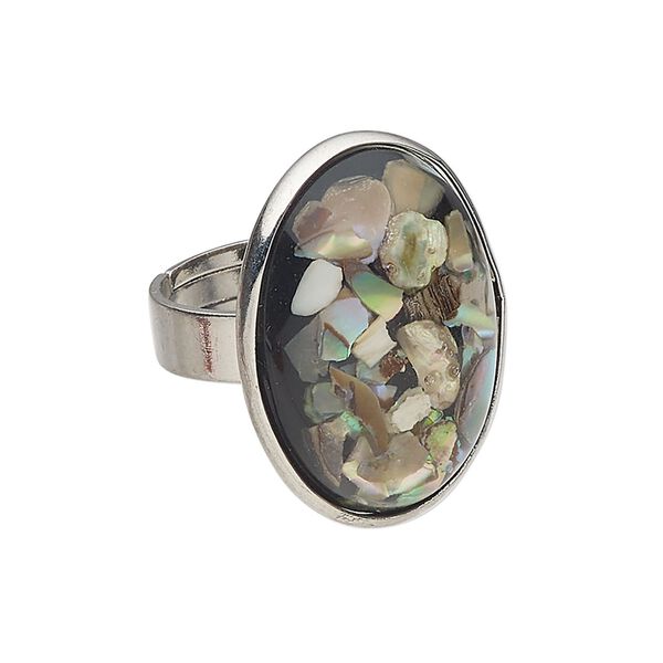 Ring 1pkg1 brass / multi-shell, 26x19mm oval, bleached/assembled silver finish / multicolored image number 0