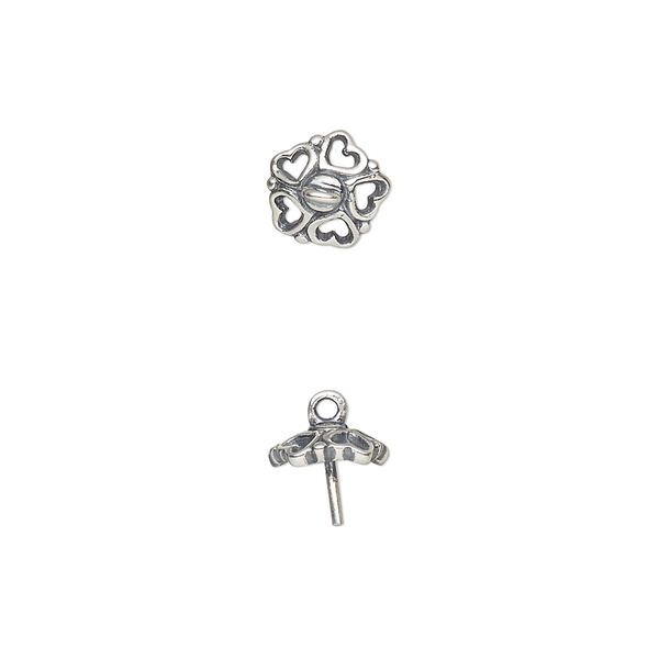 Cup, antiqued sterling silver, 8x8mm pentagon with hearts and 4.5x0.7mm peg. Sold individually. image number 0
