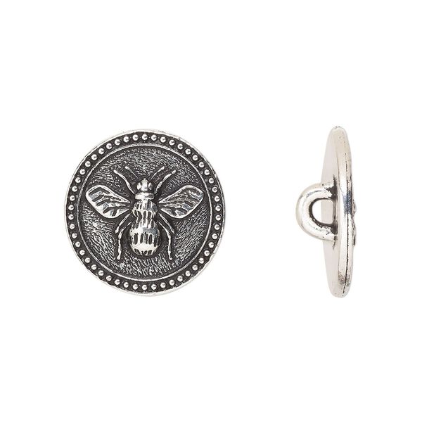 Button, TierraCast®, antique silver-plated pewter (tin-based alloy), 15mm beaded flat round with bee and closed loop. Sold per pkg of 20. image number 0