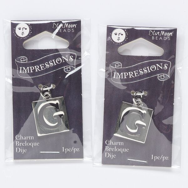 Drop, silver-finished "pewter" (zinc-based alloy) and steel, 16x15mm square with cutout "G." Sold per pkg of 2. image number 0
