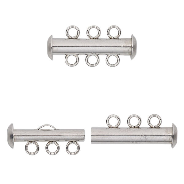 Clasp, 3-strand slide lock, stainless steel, 21x6mm tube. Sold per pkg of 10. image number 0