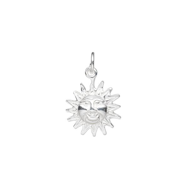 Charm, sterling silver, 12mm sun face. Sold per pkg of 2. image number 0