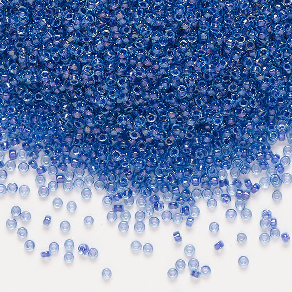 Seed bead, Miyuki, glass, pkg/35g, #15 rocaille, translucent purple-lined luster aqua (RR-1827). image number 0