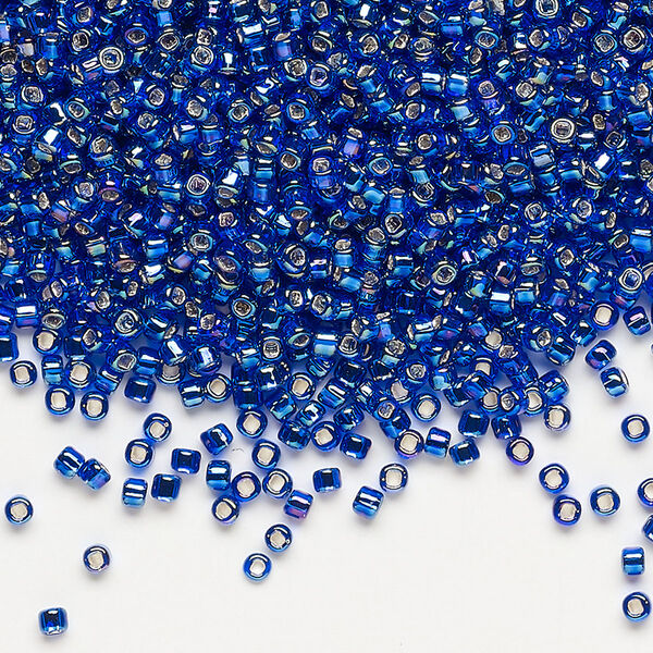 Seed bead, Dyna-Mites™, glass, pkg/40g, #11 round, translucent silver-lined rainbow cobalt blue, (74R:SR 11/0 SR). image number 0