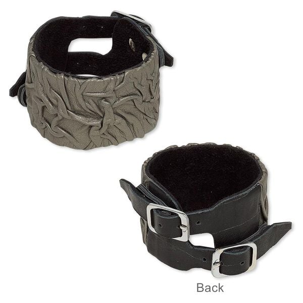 Bracelet, leather (dyed) with silver-plated brass and "pewter" (zinc-based alloy), black and grey, 45mm wide with textured design, adjustable from 5-1/2 to 7 inches with buckle-style closure. Sold individually. image number 0