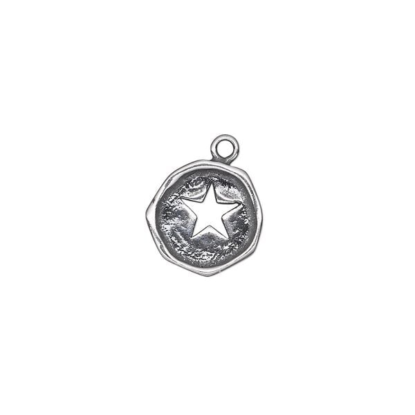 Drop, antiqued sterling silver, 12-13mm single-sided irregular round with cutout star. Sold individually. image number 0