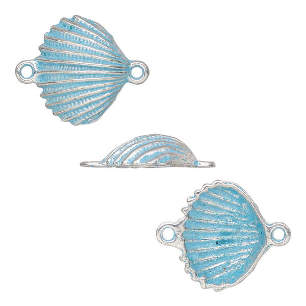 Link, antique silver-finished pewter (tin-based alloy), blue patina, 20x17mm single-sided shell. Sold per pkg of 4. image number 0