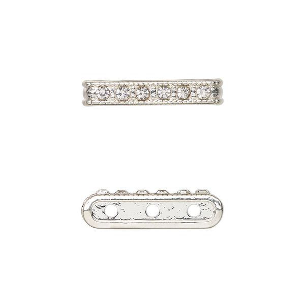 Spacer bar, silver-finished "pewter" (zinc-based alloy) and glass, clear, 20.5x4mm, 3-strand with crystals on one side, fits up to 6mm beads. Sold per pkg of 6. image number 0