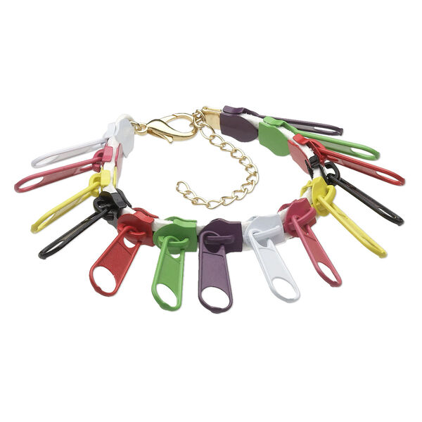 Bracelet, faux suede / painted "pewter" (zinc-based alloy) / gold-finished brass / steel, multicolored, 31x10mm zipper pull, 7 inches with 3-inch extender chain and lobster claw clasp. Sold individually. image number 0
