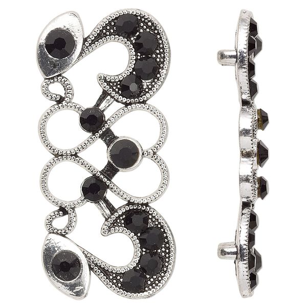 Spacer, antiqued silver-finished "pewter" (zinc-based alloy) and Czech glass rhinestone, black, 40x19mm 2-strand fancy rectangle. Sold per pkg of 4. image number 0