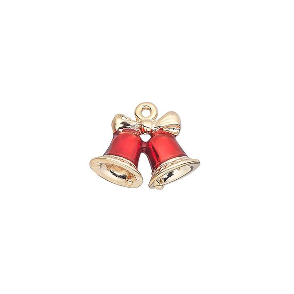 Charm, gold-finished "pewter" (zinc-based alloy) and enamel, red, 16.5x12mm double-sided bells with bow. Sold individually. image number 0