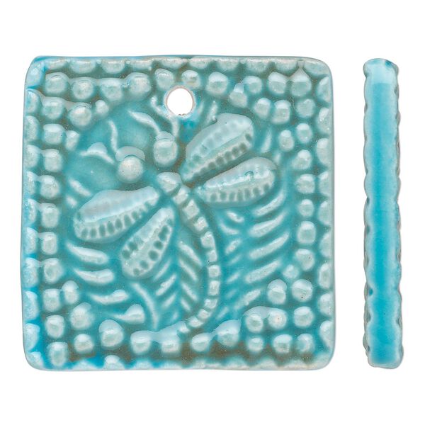 Focal, porcelain, turquoise blue and brown, 40x40mm double-sided top-drilled textured flat square with dragonfly design. Sold individually. image number 0