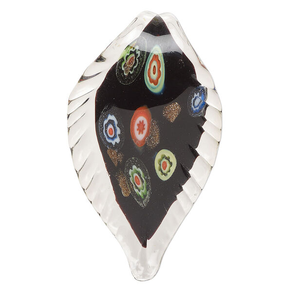 Focal, lampworked glass, opaque and transparent multicolored, 65x38mm-72x41mm leaf with copper-colored glitter and flower design. Sold individually. image number 0