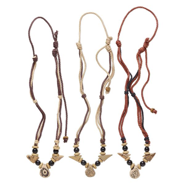 Necklace mix, ceramic / wood / cotton (dyed), multicolored, 12x12mm-60x34mm multi-shape, adjustable from 16-28 inches with macramé knot. Sold per pkg of 3. image number 0
