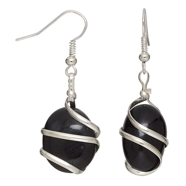 Black agate / copper 1pkg2, hand-cut tumbled nugget fish hook earring B grade, silver-plated 22 gauge 46mm overall image number 0