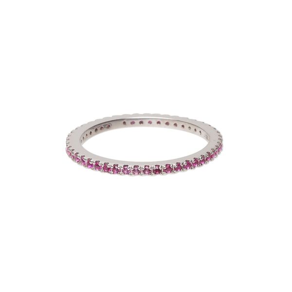 Ring, cubic zirconia and rhodium-plated sterling silver, pink, 2mm wide eternity band, size 9. Sold individually. image number 0