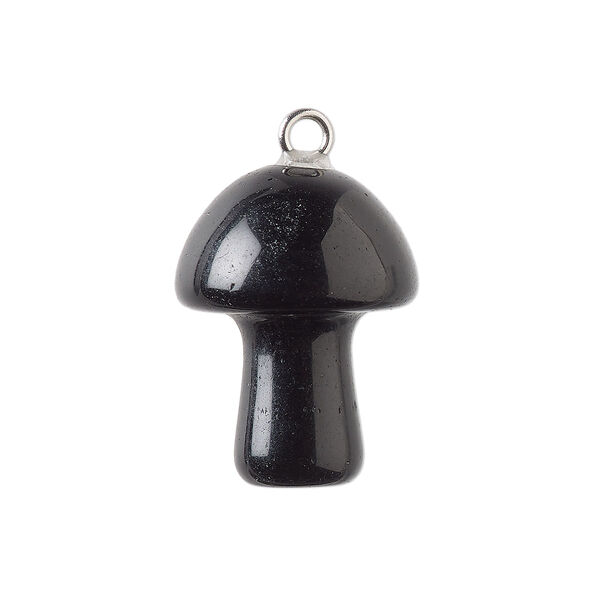 Black obsidian / brass 1pkg1, imitation rhodium-plated hand-carved 3D mushroom drop natural 20x15mm image number 0